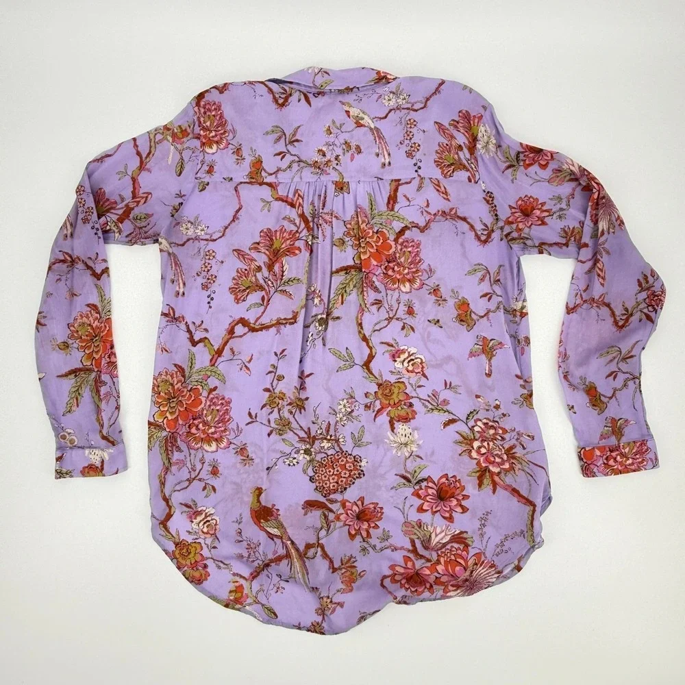 Pilcro Floral Bird Button Down Shirt Womens Sm Purple Viscose Blouse - Picture 2 of 8